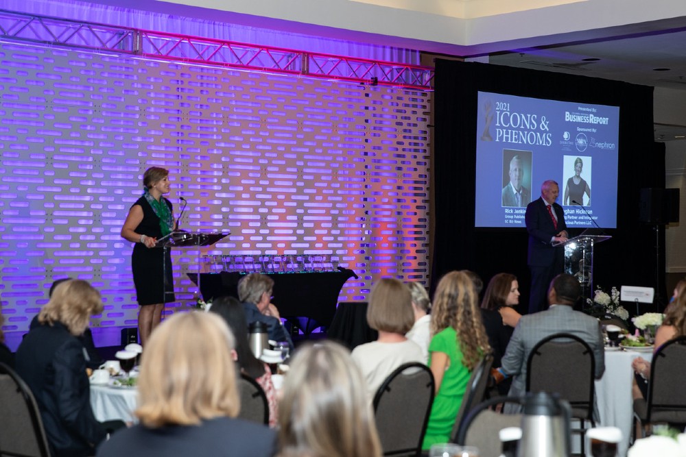 SC Biz News publisher Rick Jenkins, right, and Meghan Hickman, managing partner and integrator for Sagacious Partners, introduced the 24 Icons & Phenoms at last year's event. This year's event will honor influencers from across South Carolina. (Photo/Kim McManus)