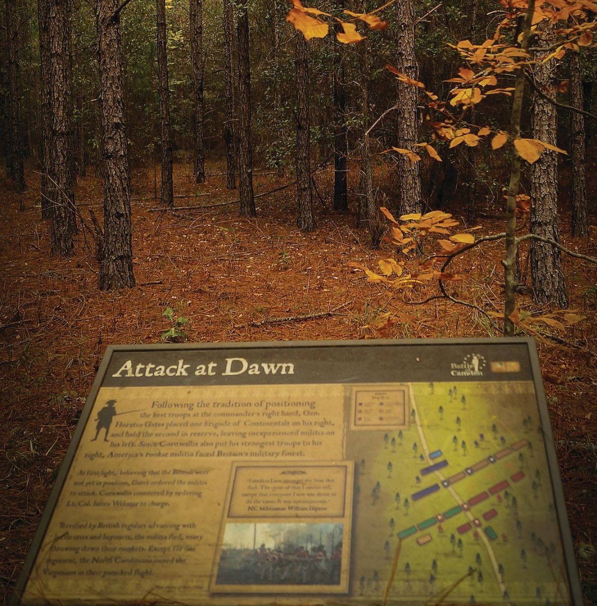 An interpretive sign at Battle of Camden site in Camden, part of the planned Liberty Trail. (Photo/Brian Keeley)
