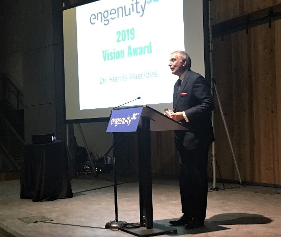 Harris Pastides, the former president of the University of South Carolina and a founding member of the EngenuitySC board, accepts the nonprofit's Vision Award on Monday. (Photo/Renee Sexton)
