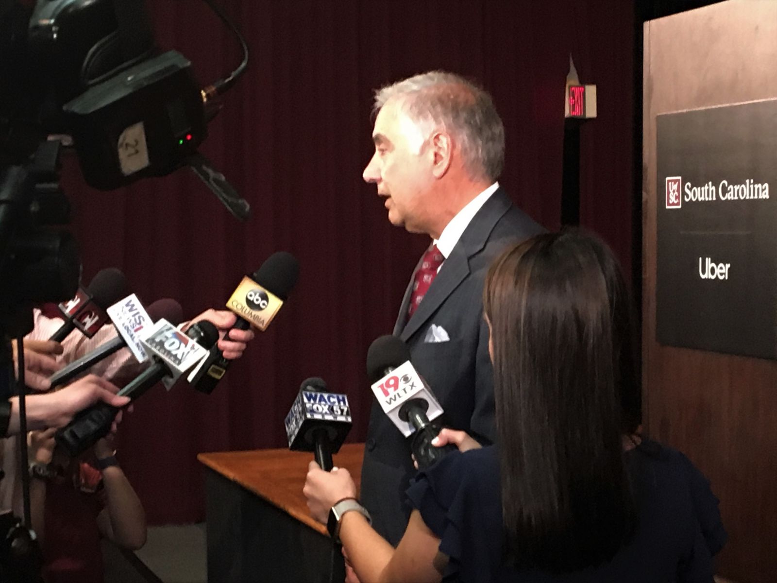 University of South Carolina president Harris Pastides addresses the media after Thursday's news conference announcing new ride-hailing safety measures in partnership with Uber. (Photo/Melinda Waldrop)