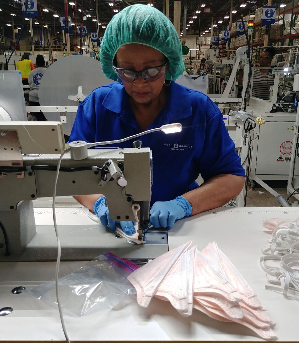 Workers at Sleep Number's Irmo plant repair degraded elastic on N95-grade surgical masks. (Photo/Provided)