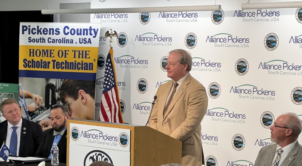 Harry Lightsey, South Carolina Secretary of Commerce, speaks at the announcement of FN America LLC's expansion into Pickens County in April. (Photo/Ross Norton)
