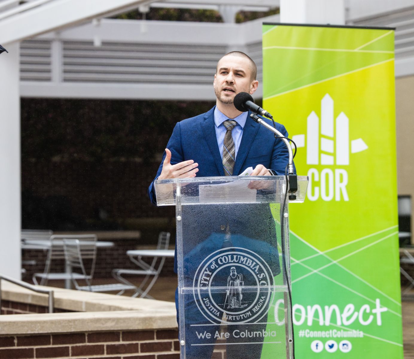 Ryan Coleman, director of the city of Columbia's economic development office, speaks at Tuesday's news conference launching Crash Course Columbia. (Photo/Forrest Clonts)