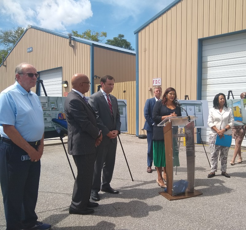 City of Columbia officials, including Councilwoman Aditi Bussells (at podium), announced on Tuesday the launch of Rapid Shelter Columbia to provide services for the chronically unsheltered population. (Photo/Christina Lee Knauss)