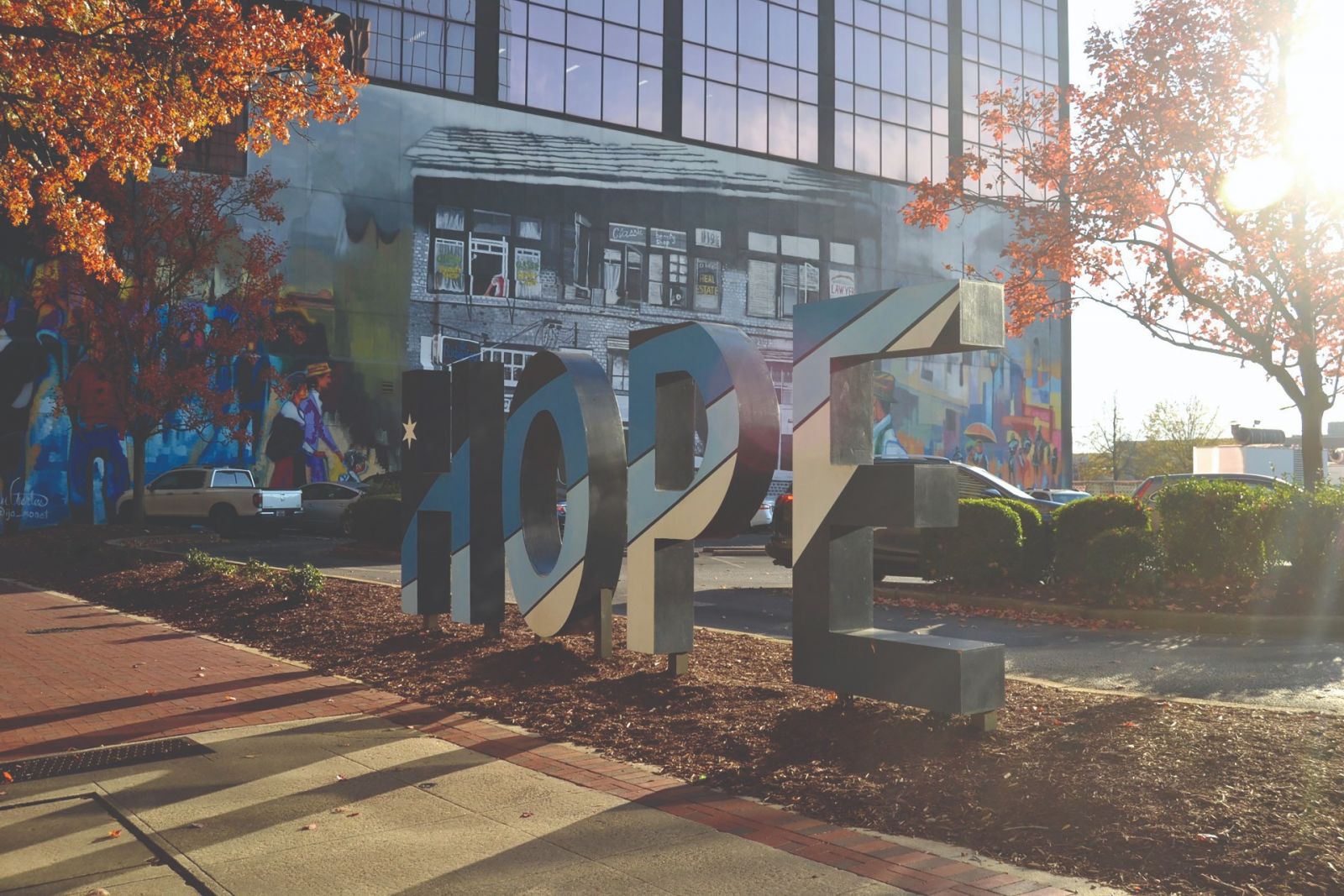 The Hope sign, sponsored by City Center Partnership, has popped up along Columbia's Main Street in various spots during the pandemic as tangible encouragement. (Photo/Melinda Waldrop)