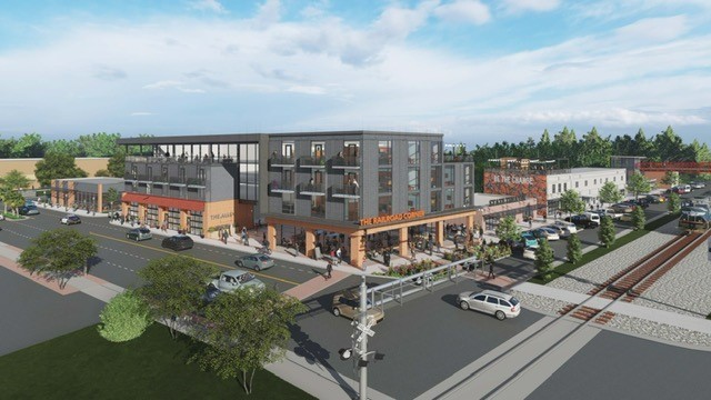 The 1.5-acre Railroad Corner project, aimed at revitalizing the city of Orangeburg's Russell Street commercial corridor, will include a mixed-use development of ground-floor retail and upper-story residential units. (Rendering/Provided)