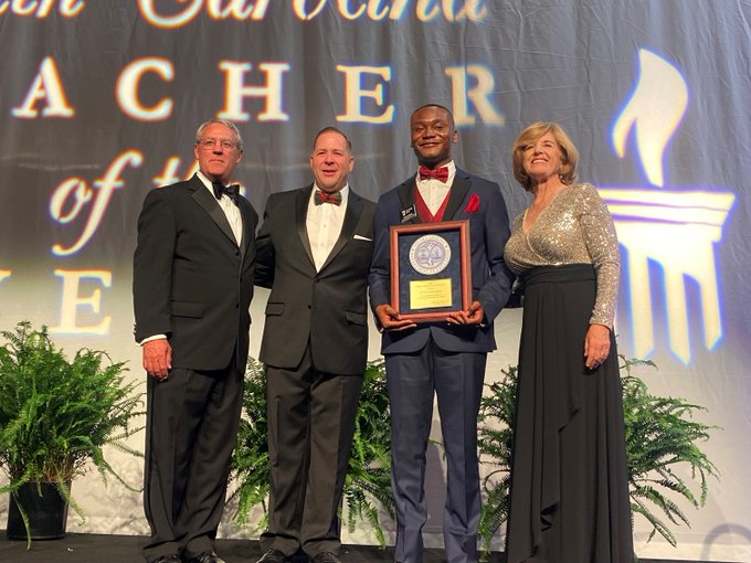 Deion Jamison (second from right), an English teacher at Legacy Early College in Greenville, is the 2023 S.C. Teacher of the Year. (Photo/Provided)