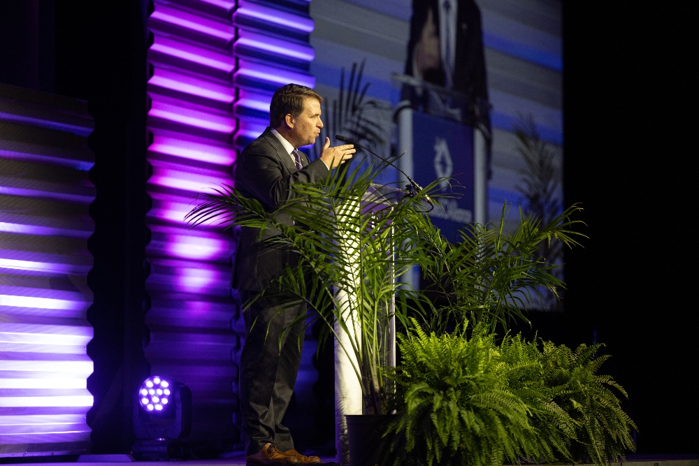 Upstate SC Alliance President & CEO John Lummus speaks at the organization's 2023 Annual Meeting, which drew nearly 500 leaders from across the Upstate.